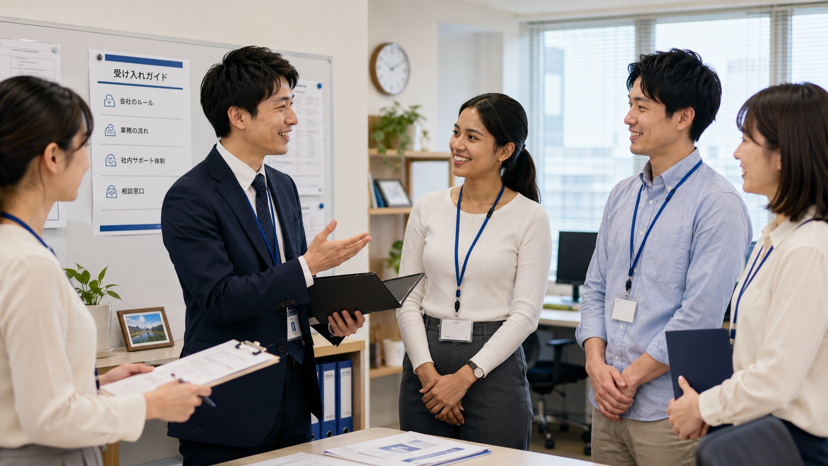外国人社員の受け入れ体制や職場づくりを表すイメージ